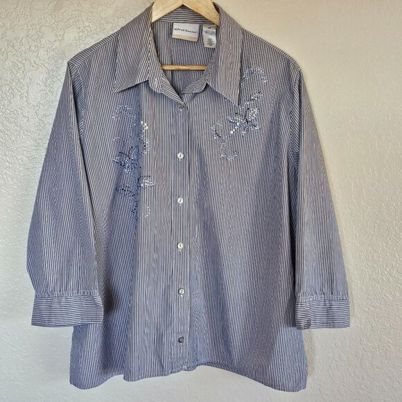 Alfred Dunner Womens Striped Button-Down Shirt 20W Sequin Floral Design - Picture 1 of 6